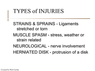 TYPES of INJURIES STRAINS & SPRAINS - Ligaments stretched or torn MUSCLE SPASM - stress, weather or strain related NEUROLOGICAL - nerve involvement HERNIATED DISK - protrusion of a disk 