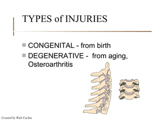 TYPES of INJURIES CONGENITAL - from birth DEGENERATIVE -  from aging, Osteroarthritis 