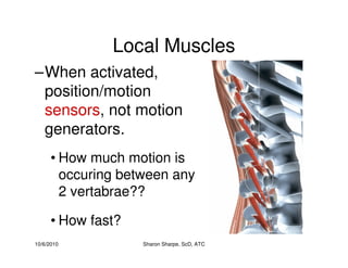 10/6/2010 Sharon Sharpe, ScD, ATC
Local Muscles
–When activated,
position/motion
sensors, not motion
generators.
• How much motion is
occuring between any
2 vertabrae??
• How fast?
 