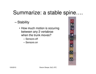 10/6/2010 Sharon Sharpe, ScD, ATC
Summarize: a stable spine….
– Stability
• How much motion is occuring
between any 2 vertabrae
when the trunk moves?
– Sensors off
– Sensors on
 