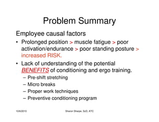 10/6/2010 Sharon Sharpe, ScD, ATC
Problem Summary
Employee causal factors
• Prolonged position > muscle fatigue > poor
activation/endurance > poor standing posture >
increased RISK.
• Lack of understanding of the potential
BENEFITS of conditioning and ergo training.
– Pre-shift stretching
– Micro breaks
– Proper work techniques
– Preventive conditioning program
 