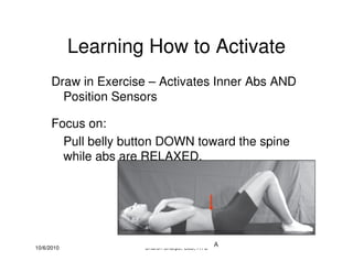 10/6/2010 Sharon Sharpe, ScD, ATC
Learning How to Activate
Draw in Exercise – Activates Inner Abs AND
Position Sensors
Focus on:
Pull belly button DOWN toward the spine
while abs are RELAXED.
 
