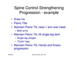 10/6/2010 Sharon Sharpe, ScD, ATC
Spine Control Strengthening
Progression - example
• Draw ins
• Pelvic Tilts
• Maintain Pelvic Tilt, raise 1 arm over head
– Both arms
• Maintain Pelvic Tilt, lift single leg bent
– Single leg straight
– “Cycle” legs
• Maintain Pelvic Tilt, Hands and Knees
progression
 