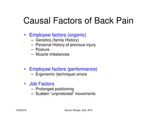 10/6/2010 Sharon Sharpe, ScD, ATC
Causal Factors of Back Pain
• Employee factors (organic)
– Genetics (family History)
– Personal History of previous injury
– Posture
– Muscle imbalances
• Employee factors (performance)
– Ergonomic (technique) errors
• Job Factors
– Prolonged positioning
– Sudden “unprotected” movements
 