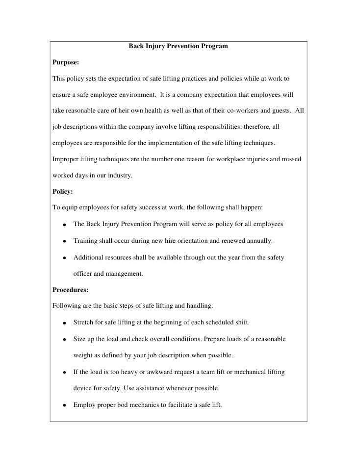 Back injury prevention program policy