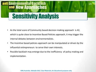 14



     Sensitivity Analysis

• As the total score of Community based decision making approach is 42,
  which is quite close to Incentive Based Policies approach, it may trigger the
  internal debates between environmentalists.
• The Incentive based policies approach can be manipulated or driven by the
  influential entrepreneurs to serve their own interests.
• Possible backlash may emerge due to the inefficiency of policy making and
  implementation.




             CMU Australia. Adelaide 2012. Class Materials, for Educational purposes only.
 