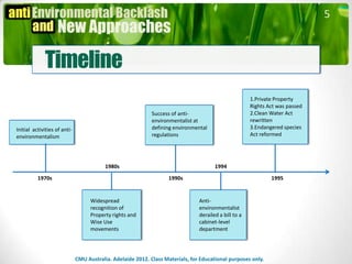 5



             Timeline
                                                                                                       1.Private Property
                                                                                                       Rights Act was passed
                                                             Success of anti-                          2.Clean Water Act
                                                             environmentalist at                       rewritten
Initial activities of anti-                                  defining environmental                    3.Endangered species
environmentalism                                             regulations                               Act reformed




                                          1980s                                        1994
          1970s                                                     1990s                                      1995


                                    Widespread                                  Anti-
                                    recognition of                              environmentalist
                                    Property rights and                         derailed a bill to a
                                    Wise Use                                    cabinet-level
                                    movements                                   department




                              CMU Australia. Adelaide 2012. Class Materials, for Educational purposes only.
 