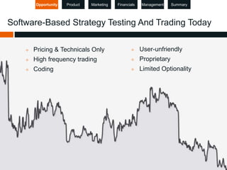 Opportunity Product Marketing Financials Management Summary 
Software-Based Strategy Testing And Trading Today 
 Pricing ...
