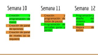 Semana 10
- Creación y
programación de
menú.
- Creación de panel
de opciones.
- Creación de panel
de niveles (si se
requiere)
Semana 11
- Programación y
diseño del
sistema de
dinero.
- Mejora de
torres.
- Creación y
programación de
botón de pausa.
- Programación de
pantallas ganar y
perder.
Semana 12
 