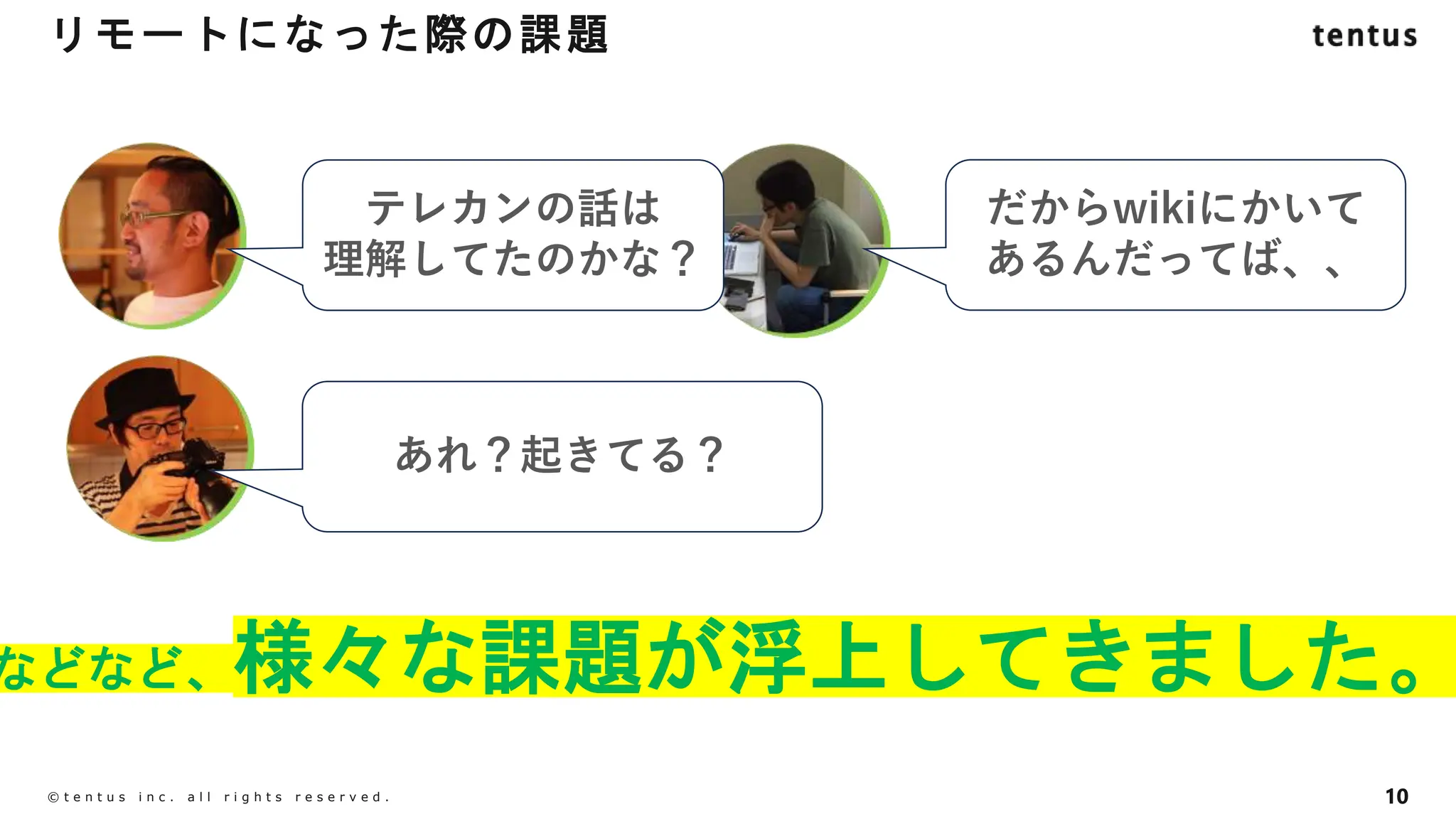 10
©️ t e n t u s i n c . a l l r i g h t s r e s e r v e d .
などなど、様々な課題が浮上してきました。
リモートになった際の課題
テレカンの話は
理解してたのかな？
だからwikiにかいて
あるんだってば、、
あれ？起きてる？
 