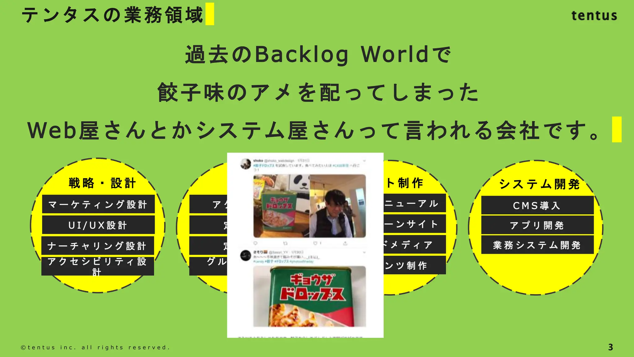 テンタスの業務領域
3
©️ t e n t u s i n c . a l l r i g h t s r e s e r v e d .
戦 略 ・ 設 計
マ ー ケ テ ィ ン グ 設 計
U I / U X 設 計
ナ ー チ ャ リ ン グ 設 計
ア ク セ シ ビ リ テ ィ 設
計
調 査
ア ク セ ス 解 析
定 量 調 査
定 性 調 査
グ ル ー プ イ ン タ
ビ ュ ー
サ イ ト 制 作
サ イ ト リ ニ ュ ー ア ル
キ ャ ン ペ ー ン サ イ ト
コ ン テ ン ツ 制 作
オ ウ ン ド メ デ ィ ア
シ ス テ ム 開 発
C M S 導 入
ア プ リ 開 発
業 務 シ ス テ ム 開 発
過去のBacklog Worldで
餃子味のアメを配ってしまった
Web屋さんとかシステム屋さんって言われる会社です。
 