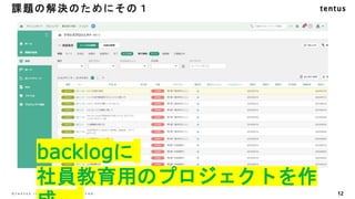 12
©️ t e n t u s i n c . a l l r i g h t s r e s e r v e d .
backlogに
社員教育用のプロジェクトを作
課題の解決のためにその１
 