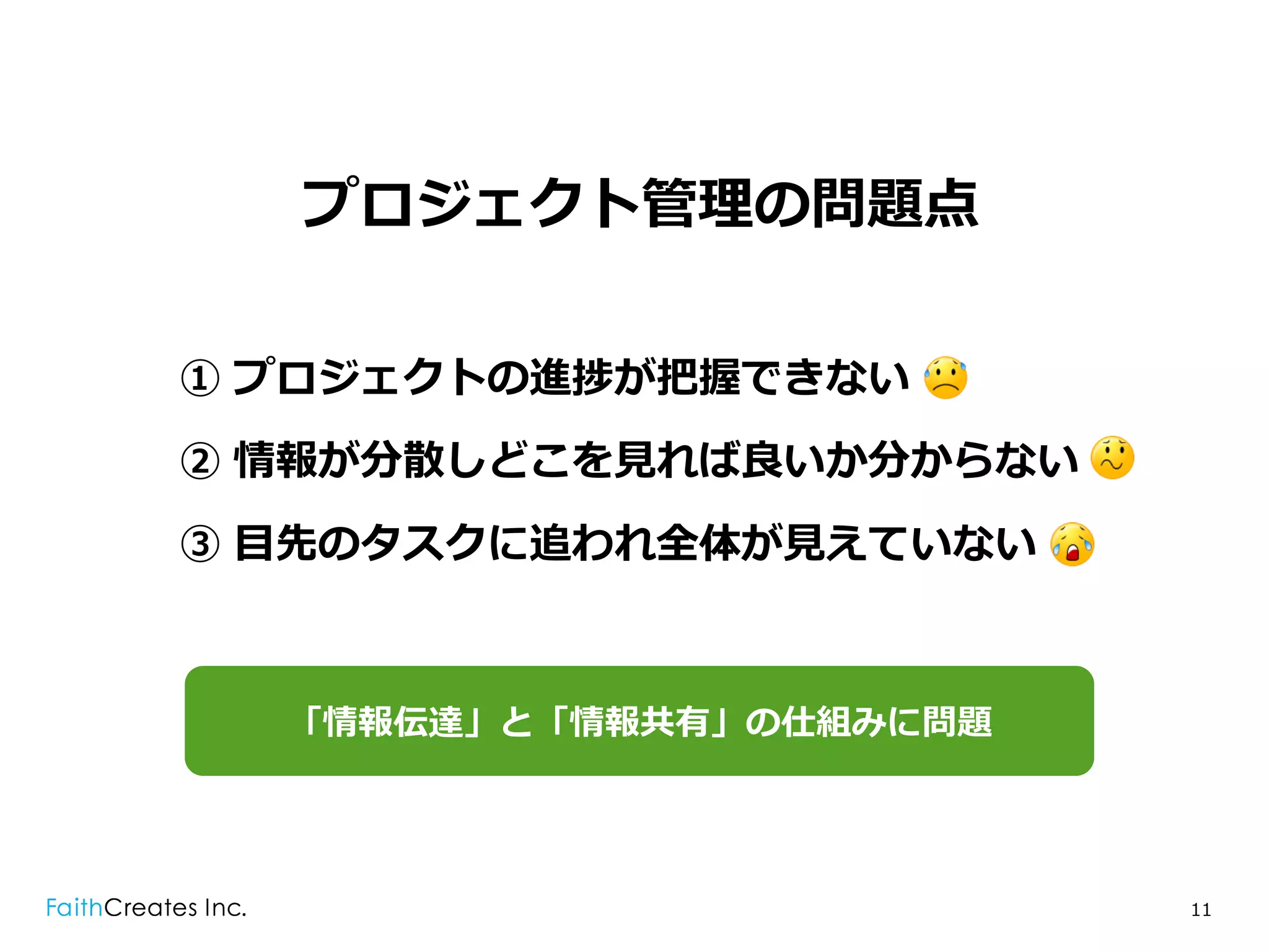 プロジェクト管理理の問題点

① プロジェクトの進捗が把握できない
② 情報が分散しどこを⾒見見れば良良いか分からない
③ ⽬目先のタスクに追われ全体が⾒見見えていない



   「情報伝達」と「情報共有」の仕組みに問題




                            11
 