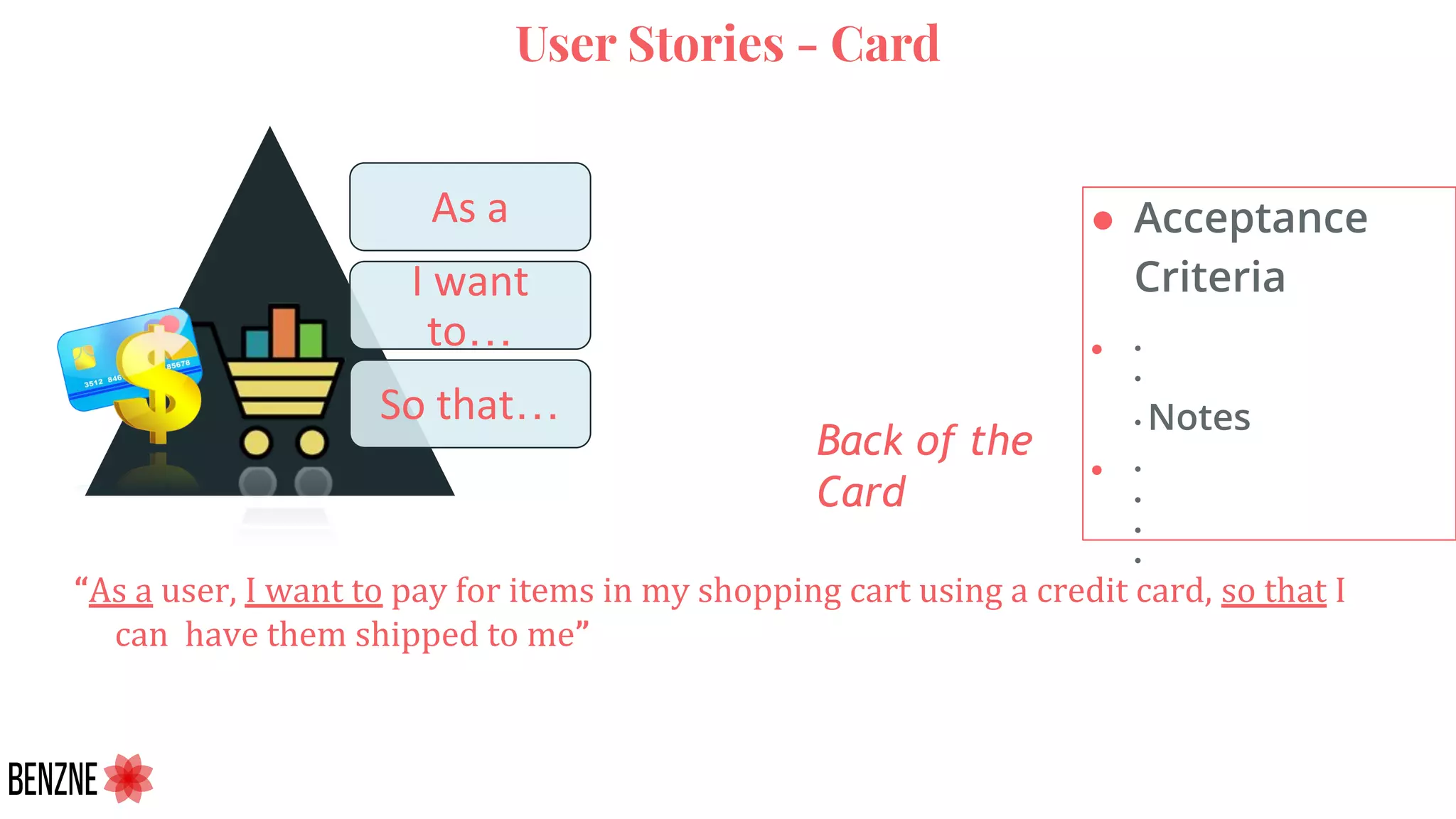 User Stories - Card
● Acceptance
Criteria
● •
•
• Notes
● •
•
•
•
…
…
Back of the
Card
“As a user, I want to pay for items in my shopping cart using a credit card, so that I
can have them shipped to me”
 