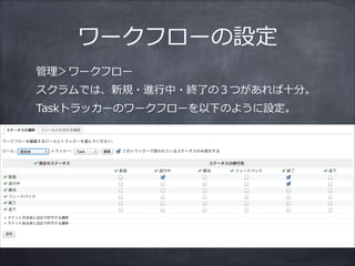 ワークフローの設定  
管理理＞ワークフロー  
スクラムでは、新規・進⾏行行中・終了了の３つがあれば⼗十分。  
Taskトラッカーのワークフローを以下のように設定。
 