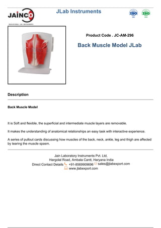 JLab Instruments
Product Code . JC-AM-296
Back Muscle Model JLab
Description
Back Muscle Model
It is Soft and flexible, the superficial and intermediate muscle layers are removable.
It makes the understanding of anatomical relationships an easy task with interactive experience.
A series of pullout cards discussing how muscles of the back, neck, ankle, leg and thigh are affected
by tearing the muscle spasm.
Jain Laboratory Instruments Pvt. Ltd,
Hargolal Road, Ambala Cantt, Haryana India
Direct Contact Details +91-8569909696 sales@jlabexport.com
www.jlabexport.com
Powered by TCPDF (www.tcpdf.org)
 