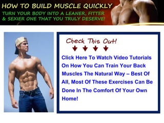 Click Here To Watch Video Tutorials Done In The Comfort Of Your Own  On How You Can Train Your Back Muscles The Natural Way – Best Of All, Most Of These Exercises Can Be Home! 