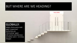 THE STATE
BUT WHERE ARE WE HEADING?
GLOBALLY:
Letters, forms and e-mail -
papir is expensive!
Authorities are
”eliminating” paper.
Call centres and eServices
are better and 2 – 3.5 times
cheaper.
 