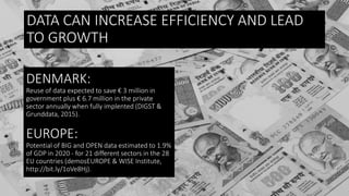 DENMARK:
Reuse of data expected to save € 3 million in
government plus € 6.7 million in the private
sector annually when fully implented (DIGST &
Grunddata, 2015).
EUROPE:
Potential of BIG and OPEN data estimated to 1.9%
of GDP in 2020 - for 21 different sectors in the 28
EU countries (demosEUROPE & WISE Institute,
http://bit.ly/1oVe8Hj).
DATA CAN INCREASE EFFICIENCY AND LEAD
TO GROWTH
 