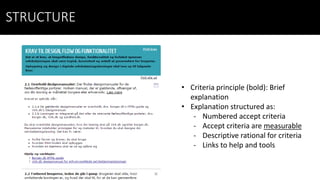 STRUCTURE
• Criteria principle (bold): Brief
explanation
• Explanation structured as:
- Numbered accept criteria
- Accept criteria are measurable
- Descriptive rational for criteria
- Links to help and tools
 