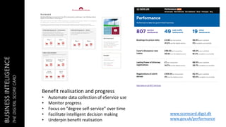 Benefit realisation and progress
• Automate data collection of eService use
• Monitor progress
• Focus on ”degree self-service” over time
• Facilitate intelligent decision making
• Underpin benefit realisation
BUSINESSINTELIGENCE
THEDIGITALSCORECARD
www.scorecard.digst.dk
www.gov.uk/performance
 