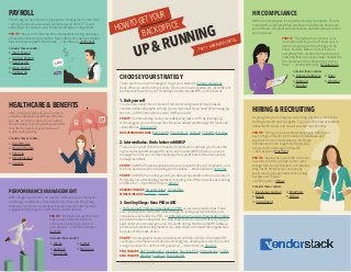 UP&RUNNINGHOW TOGET YOUR
BACK OFFICE
PART 1: HUMAN RESOURCES
1.Do it yourself
You can use a selection of some of the latest and greatest cloud-based
vendors in this infographic to help you do it yourself. If you need help managing
them, try a HR Information System (HRIS) provider.
PRO-TIP: “Automate day-to-day recordkeeping tasks in HR by leveraging
technology so you can free up time for value-added and strategic HR functions.”
—Dave Barnes, BambooHR
HRIS VENDORS INCLUDE: BambooHR, Peoplefluent, Silkroad, TribeHR, Workday
There are three main “strategies” to get your startup’s human resources
back-office up and running quickly. There are no wrong answers, just different
preferences based on your company’s needs, bandwidth, and resources.
CHOOSE YOUR STRATEGY
There are a myriad of local and national brokers who can help you choose the
right vendors and Managed HR Services Provider (MHRSP) who can even
manage them for you. As intermediaries, they profit from referral fees and/or
management fees.
PRO-TIP: “A MHRSP reduces possible errors, removes the fear of compliance, and
the time spent away from building your business.” —Mark Goldstein, BackOps
PRO-TIP: “A MHRSP can allow you to sync data across platforms from a variety of
third party cloud technology partners, including non-HR services like accounting
and finance.” —Ryan MacCarrigan, Advisor
BROKERS INCLUDE: Sweet & Baker, FundedBuy
MHRSPs INCLUDE: BackOps, Advisor
2.Intermediaries: Find a broker or MHRSP
A Professional Employer Organization (PEO) is a service provider that “hires”
your employees so all the HR-related filings, including payroll, benefits, and
compliance, fall under the PEO. An Administrative Services Organization (ASO)
provides the same integrated one-stop shop solution, except that everything is
kept under your company’s name. It is worth noting that while the HR software
and services market is fragmented, one-stop shops command the largest share
because of their ease of use.
PRO-TIP: “An integrated solution provides you with the comfort of complete HR
coverage and compliance while also allowing your employees to directly contact
a single provider for all their HR questions.” —Brian Helmick, Algentis
PEOs INCLUDE: ADP TotalSource, Insperity, Paychex PEO, VentureLoop, TriNet
ASOs INCLUDE: Algentis, Ceridian, Paychex ASO
3.One-Stop Shops: Use a PEO or ASO
VENDORSTACK | INFOGRAPHIC, APR 2013
KACHING!
PAYROLL
First thing you need to do is pay people. But payroll is more than
cutting checks; it’s also about worker’s comp, W-2s, PTO, and
adhering to local, state, and federal tax filings, among others.
PRO TIP: “Keep in mind set-up time, transparent pricing, and ease
of use when selecting a provider. Many older services have hidden
fees and require paper documents.” —Josh Reeves, ZenPayroll
Consider these vendors:
1. Intuit Payroll
2. Ovation Payroll
3. SurePayroll
4. Wave Payroll
5. ZenPayroll
HEALTHCARE & BENEFITS
After cutting a paycheck, you’ll need to
provide employees healthcare. Whether
you use an intermediary or a one-stop
shop, make sure you’re picking a provider
that fits the needs of your team and
scales appropriately.
Consider these vendors:
1. Benefitfocus
2. Maxwell Health
3. Sherpaa
4. SimplyInsured
5. Zenefits
HIRING & RECRUITING
As you grow your company, recruiting becomes more than
trolling LinkedIn and Craigslist. Try one of the newer vendors
infused with social and crowd-sourced functionality.
PRO TIP: “Hiring can be incredibly challenging. Before you
pay out big money for job boards and databases, ask
your team for recommendations. Employee
referrals are proven to get hired faster, stay
longer and be a stronger cultural fit.”
—KesThygesen,RolePoint
PRO TIP: “Applicants lie and SEO their own
resumes to fit the job description even
though their work, education, and skill set
may not fit. Protect your company by
pre-screening all applicants and running
background checks.”
—AdamSpector, Virtrue
Consider these vendors:
1. Developer Auction
2. Entelo
3. GroupTalent
4. RolePoint
5. Virtrue
HR COMPLIANCE
With more employees, it’s important to stay compliant. There’s
more to HR compliance than employee handbooks. Make sure
your office is compliant with local, state, and federal laws to limit
your exposure.
PRO TIP: “The risk with compliance is as
much about what you don't know as it is
about complying with the things you do
know. Federal, state and local rules on
everything from vacation to health care to
maternity leave can cause major headaches
for companies who unknowingly violate
them.” —Jeremy McCarthy, VentureLoop
Consider these vendors:
1. Halogen Software
2. Silkroad
3. Simpler
4. Taleo
5. Workday
PERFORMANCE MANAGEMENT
With a larger headcount, you want to make sure your employees
are happy and effective. Perks like free lunches and Ping-Pong
tables are nice, but an employee that is properly challenged and
engaged is likely happier, and certainly better utilized.
PROTIP: “Employee recognition and
high-quality rewards improve
employee productivity. Invest in
your people!” —Fernando Campos,
AnyPerk
Consider these vendors:
1. 15Five
2. AnyPerk
3. iDoneThis
4. Teamly
5. Work.com
 