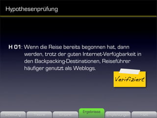 Hypothesenprüfung




  H 01: Wenn die Reise bereits begonnen hat, dann
        werden, trotz der guten Internet-Verfügbarkeit in
        den Backpacking-Destinationen, Reiseführer
        häufiger genutzt als Weblogs.
                                                  Verifiziert




                                 Ergebnisse
Einleitung   Theorie   Empirie                Empfehlungen   Fazit
 