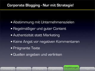 Corporate Blogging - Nur mit Strategie!



        • Abstimmung mit Unternehmenszielen
        • Regelmäßiger und guter Content
        • Authentizität statt Marketing
        • Keine Angst vor negativen Kommentaren
        • Prägnante Texte
        • Quellen angeben und verlinken

                                              Empfehlungen
Einleitung   Theorie   Empirie   Ergebnisse                  Fazit
 