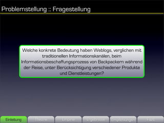 Problemstellung :: Fragestellung




           Welche konkrete Bedeutung haben Weblogs, verglichen mit
                     traditionellen Informationskanälen, beim
          Informationsbeschaffungsprozess von Backpackern während
            der Reise, unter Berücksichtigung verschiedener Produkte
                              und Dienstleistungen?




 Einleitung     Theorie      Empirie     Ergebnisse   Empfehlungen     Fazit
 