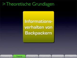> Theoretische Grundlagen


                       Informations-
                       verhalten von
                       Backpackern



Einleitung   Theorie     Empirie   Ergebnisse   Empfehlungen   Fazit
 