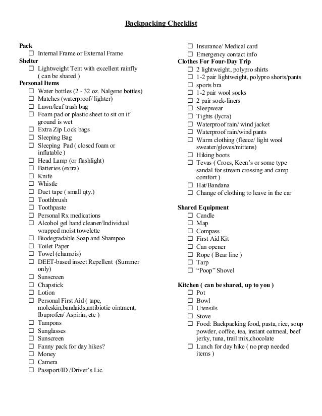 Backpacking checklist cole - Backpacking Checklist Cole 1 638