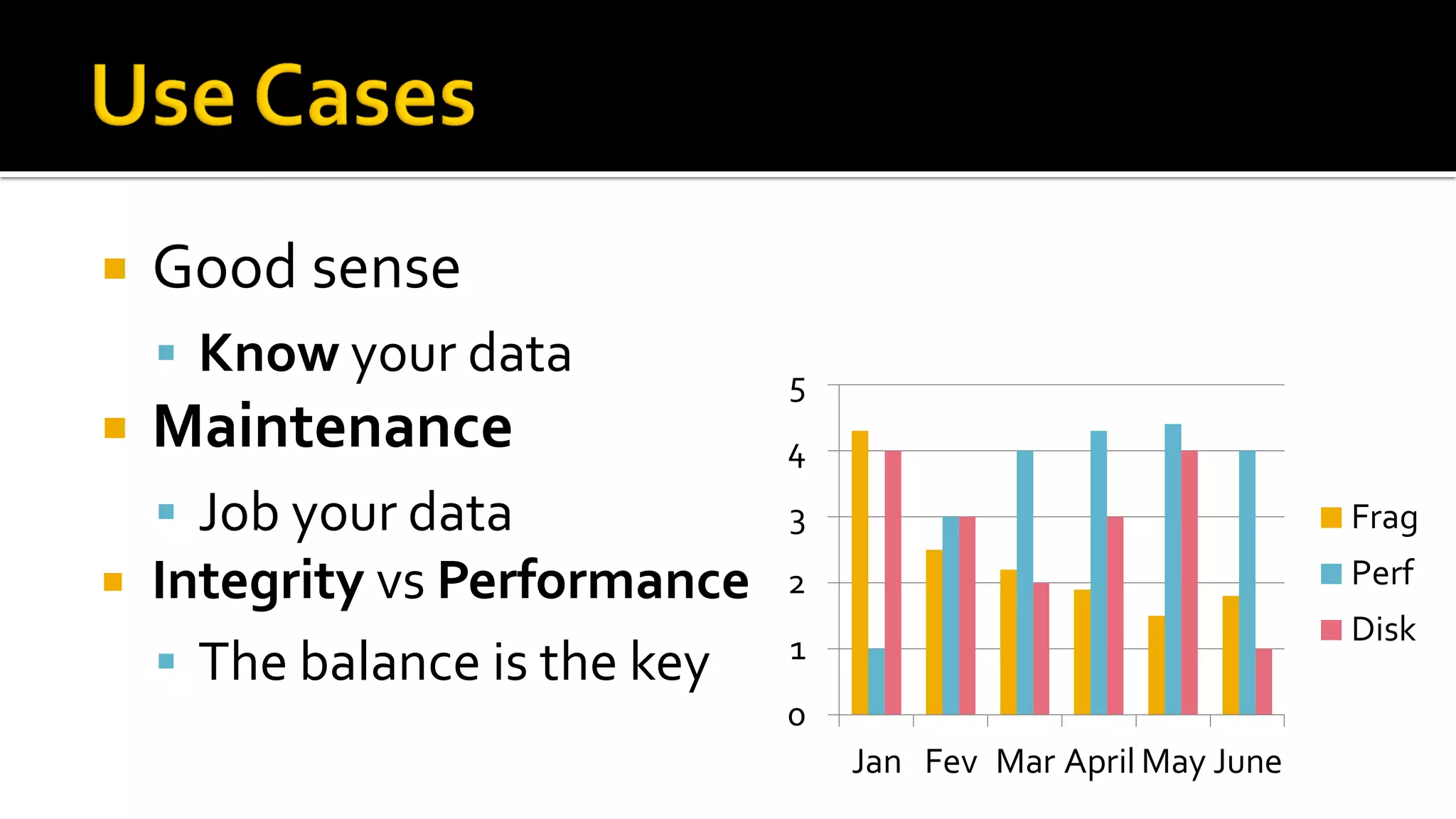   Good sense
     Know your data           5
   Maintenance                4
     Job your data            3                                Frag
   Integrity vs Performance   2                                Perf
                                                                Disk
                               1
     The balance is the key
                               0
                                   Jan Fev Mar April May June
 
