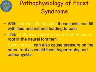 Pathophysiology of Facet Syndrome With  chronic inflammation  these joints can fill with fluid and distend leading to pain This  could also cause compression of nerve  root in the neural foramen Synovial cyst  can also cause pressure on the nerve root as would facet hypertrophy and osteomyelitis 