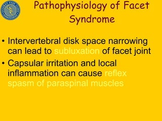 Pathophysiology of Facet Syndrome Intervertebral disk space narrowing can lead to  subluxation  of facet joint Capsular irritation and local inflammation can cause  reflex spasm of paraspinal muscles 