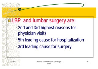 LBP d l bLBP d l bLBP and lumbar surgery are:LBP and lumbar surgery are:
2 d d 3 d hi h t f• 2nd and 3rd highest reasons for
physician visitsphysician visits
• 5th leading cause for hospitalizationg p
• 3rd leading cause for surgery
201/15/2011 Professor Freih Abuhassan - University of
Jordan
 