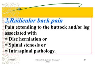 2.Radicular back pain
P i t di t th b tt k d/ lPain extending to the buttock and/or leg
associated withassociated with
= Disc herniation or
= Spinal stenosis or
= Intraspinal pathology.
271/15/2011 Professor Freih Abuhassan - University of
Jordan
 