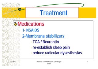 T t tT t tTreatmentTreatment
MedicationsMedications
1- NSAIDS
2 M b t bili2-Membrane stabilizers
»TCA / Neurontin»TCA / Neurontin
»re-establish sleep pain
»reduce radicular dysesthesias
331/15/2011 Professor Freih Abuhassan - University of
Jordan
 