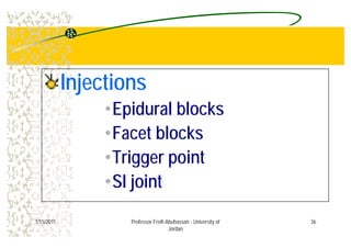 InjectionsInjections
•Epidural blocks
•Facet blocks
T i i t•Trigger point
•SI joint•SI joint
361/15/2011 Professor Freih Abuhassan - University of
Jordan
 