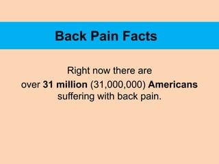 Back Pain Facts

          Right now there are
over 31 million (31,000,000) Americans
        suffering with back pain.
 