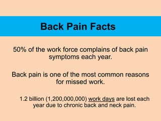 Back Pain Facts

50% of the work force complains of back pain
           symptoms each year.

Back pain is one of the most common reasons
               for missed work.

  1.2 billion (1,200,000,000) work days are lost each
        year due to chronic back and neck pain.
 