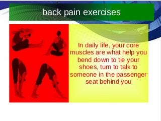 back pain exercises 
In daily life, your core 
muscles are what help you 
bend down to tie your 
shoes, turn to talk to 
someone in the passenger 
seat behind you 
 