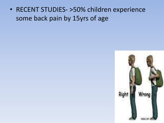 • RECENT STUDIES- >50% children experience
some back pain by 15yrs of age
 