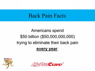 Americans spend
$50 billion ($50,000,000,000)
trying to eliminate their back pain
every year.
Back Pain Facts
 