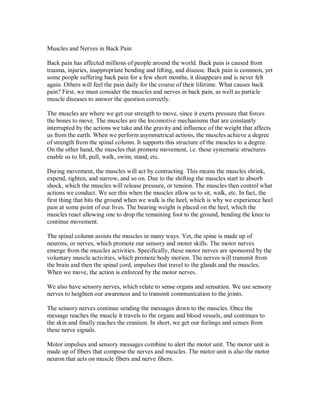 Muscles and Nerves in Back Pain
Back pain has affected millions of people around the world. Back pain is caused from
trauma, injuries, inappropriate bending and lifting, and disease. Back pain is common, yet
some people suffering back pain for a few short months, it disappears and is never felt
again. Others will feel the pain daily for the course of their lifetime. What causes back
pain? First, we must consider the muscles and nerves in back pain, as well as particle
muscle diseases to answer the question correctly.
The muscles are where we get our strength to move, since it exerts pressure that forces
the bones to move. The muscles are the locomotive mechanisms that are constantly
interrupted by the actions we take and the gravity and influence of the weight that affects
us from the earth. When we perform asymmetrical actions, the muscles achieve a degree
of strength from the spinal column. It supports this structure of the muscles to a degree.
On the other hand, the muscles that promote movement, i.e. these systematic structures
enable us to lift, pull, walk, swim, stand, etc.
During movement, the muscles will act by contracting. This means the muscles shrink,
expend, tighten, and narrow, and so on. Due to the shifting the muscles start to absorb
shock, which the muscles will release pressure, or tension. The muscles then control what
actions we conduct. We see this when the muscles allow us to sit, walk, etc. In fact, the
first thing that hits the ground when we walk is the heel, which is why we experience heel
pain at some point of our lives. The bearing weight is placed on the heel, which the
muscles react allowing one to drop the remaining foot to the ground, bending the knee to
continue movement.
The spinal column assists the muscles in many ways. Yet, the spine is made up of
neurons, or nerves, which promote our sensory and motor skills. The motor nerves
emerge from the muscles activities. Specifically, these motor nerves are sponsored by the
voluntary muscle activities, which promote body motion. The nerves will transmit from
the brain and then the spinal cord, impulses that travel to the glands and the muscles.
When we move, the action is enforced by the motor nerves.
We also have sensory nerves, which relate to sense organs and sensation. We use sensory
nerves to heighten our awareness and to transmit communication to the joints.
The sensory nerves continue sending the messages down to the muscles. Once the
message reaches the muscle it travels to the organs and blood vessels, and continues to
the skin and finally reaches the cranium. In short, we get our feelings and senses from
these nerve signals.
Motor impulses and sensory messages combine to alert the motor unit. The motor unit is
made up of fibers that compose the nerves and muscles. The motor unit is also the motor
neuron that acts on muscle fibers and nerve fibers.
 