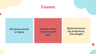 Causes
Degenerative
(weakens with
age)
Excessive strain
or injury
Spinal pressure
eg; pregnancy,
overweight
 