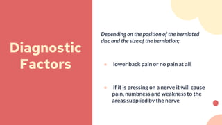 Depending on the position of the herniated
disc and the size of the herniation;
● lower back pain or no pain at all
● if it is pressing on a nerve it will cause
pain, numbness and weakness to the
areas supplied by the nerve
Diagnostic
Factors
 