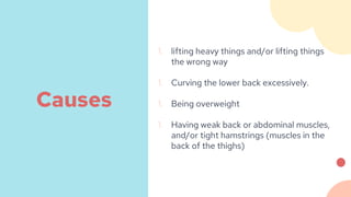 1. lifting heavy things and/or lifting things
the wrong way
1. Curving the lower back excessively.
1. Being overweight
1. Having weak back or abdominal muscles,
and/or tight hamstrings (muscles in the
back of the thighs)
Causes
 