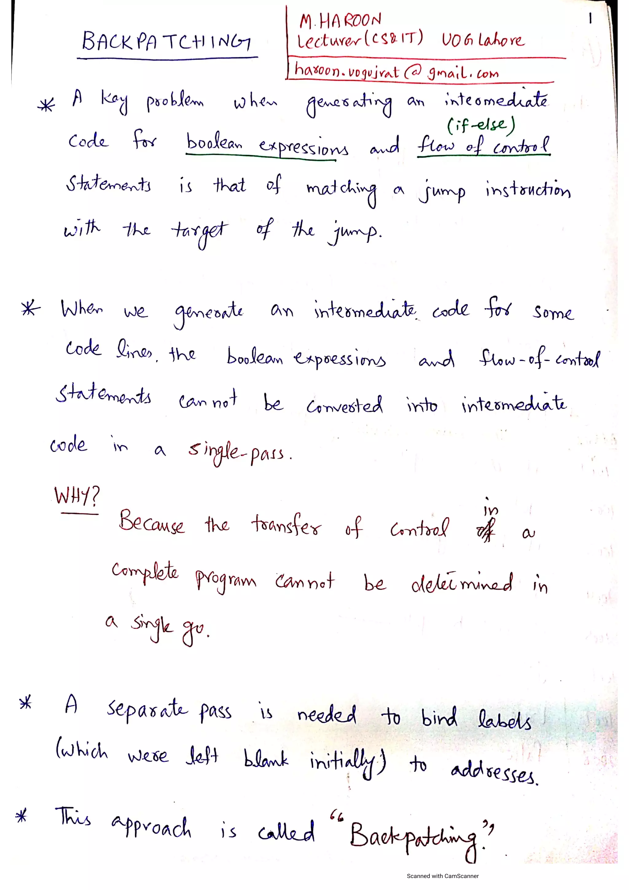 Backpatching in Compiler Construction