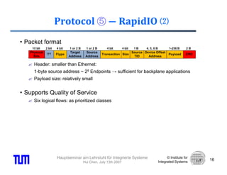 Protocol ⑤ ― RapidIO ⑵
• Packet format


     Header: smaller than Ethernet:
     1-byte source address ~ 28 Endpoints → sufficient for backplane applications
     Payload size: relatively small


• Supports Quality of Service
     Six logical flows: as prioritized classes




                 Hauptseminar am Lehrstuhl für Integrierte Systeme         © Institute for
                                                                                             16
                               Hui Chen, July 13th 2007              Integrated Systems
 