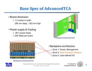 Base Spec of AdvancedTCA
• Board dimension
     1.2 inches in width
     280 mm deep, ~322 mm high


• Power supply & Cooling
     -48 V power feeds
     200 Watts per board
                                                               Board of AdvancedTCA




                                                     • Backplane architecture
                                                          Zone 1: P
                                                          Z    1 Power, MManagement   t
                                                          Zone 2: Data Transport Interface
                                                          Zone 3: User-defined I/O

    Backplane of AdvancedTCA
               Hauptseminar am Lehrstuhl für Integrierte Systeme            © Institute for
                                                                                              4
                               Hui Chen, July 13th 2007               Integrated Systems
 